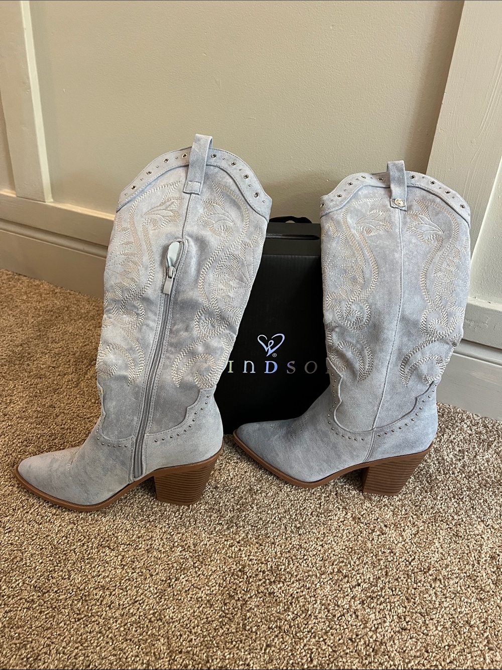 Windsor Light Blue Suede Western Knee Boots